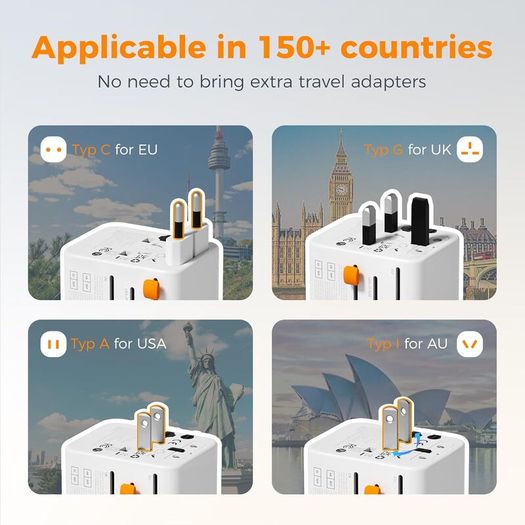 Universal Travel Adapter, Travel Plug Adapter Worldwide with 1 Universal AC Outlet 4 USB Ports (2 USB C), International Plug Adaptor for UK to Europe USA Australia (Type C G A I) Grey White