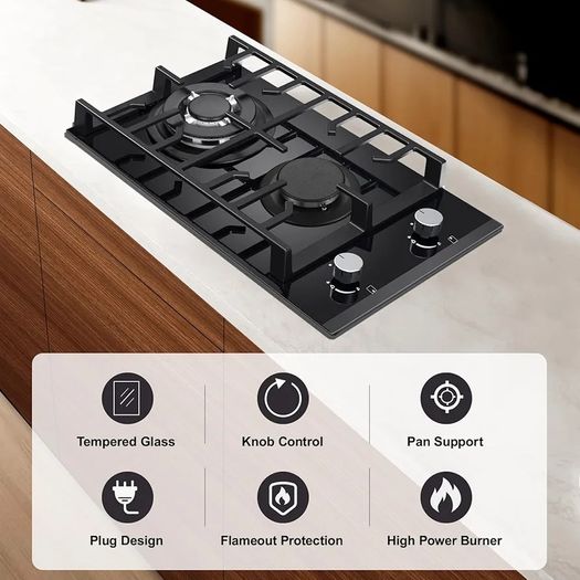 Gas Hob 2 burners, 30cm Built in 2 Burners Gas on Glass Hob, NG/LPG Gas Hob Convertible, Gas Cooktop with Flame