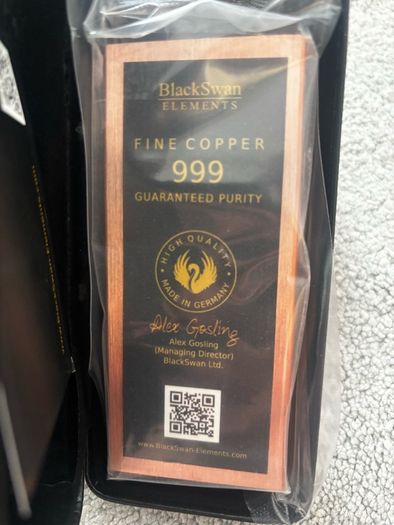 1kg Pure Copper Bar. 1000g fine copper bar with box and certificate