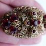 Vintage Ornate Oval Ruby Glass Domed Filigree Gold Tone Brooch Pin Image 4