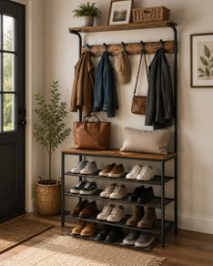 Industrial Coat Rack with Shoe Storage Bench