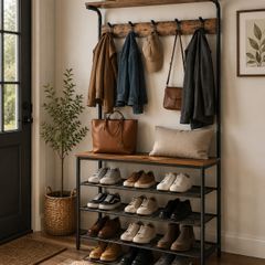 Industrial Coat Rack with Shoe Storage Bench