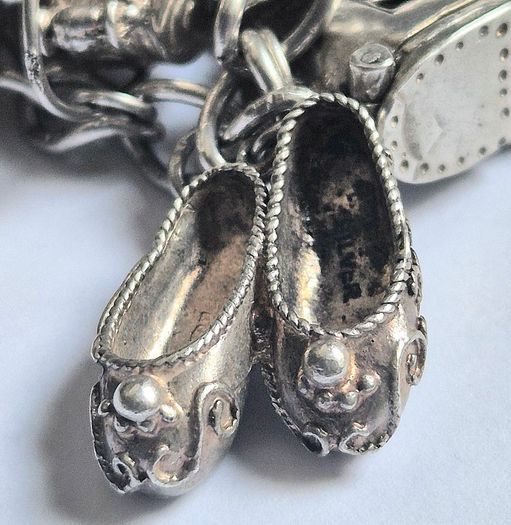 Vintage Irish Sterling Silver 14pc Charm Bracelet, Thomas O'Connor Charm Maker. Inc 1942 Pre Decimal Threepence, Dated Heart Padlock, Dublin Hallmarked