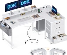 Corner Desk with Drawers, L Shaped Computer Desk 140x80cm with USB Charging Port & Power Outlet, Home Office Desk with Monitor Stand and PC Stand, Gaming Desks Workstations, White