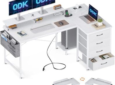 Corner Desk with Drawers, L Shaped Computer Desk 140x80cm with USB Charging Port & Power Outlet, Home Office Desk with Monitor Stand and PC Stand, Gaming Desks Workstations, White