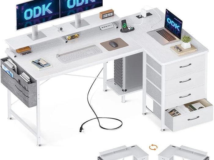Corner Desk with Drawers, L Shaped Computer Desk 140x80cm with USB Charging Port & Power Outlet, Home Office Desk with Monitor Stand and PC Stand, Gaming Desks Workstations, White