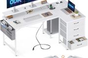 Corner Desk with Drawers, L Shaped Computer Desk 140x80cm with USB Charging Port &amp; Power Outlet, Home Office Desk with Monitor Stand and PC Stand, Gaming Desks Workstations, White