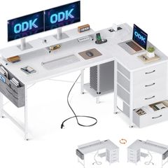 Corner Desk with Drawers, L Shaped Computer Desk 140x80cm with USB Charging Port & Power Outlet, Home Office Desk with Monitor Stand and PC Stand, Gaming Desks Workstations, White