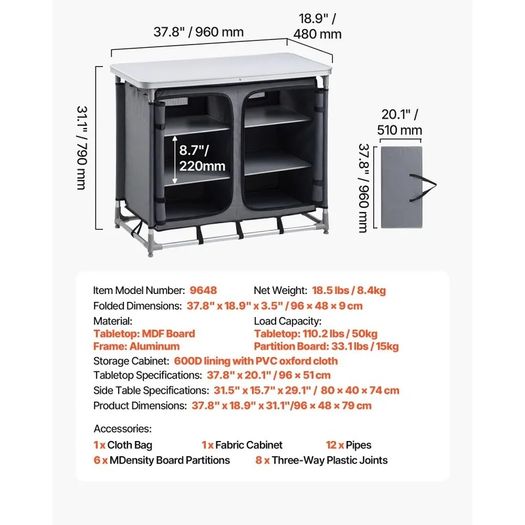 Camping Storage Cabinet, Outdoor Portable Aluminum Lightweight Table, Quick Set-up Compact Kitchen Cook Station, with 6 Shelves and Carry Bag, for Picnic, BBQ, Party, Camping, RV Traveling