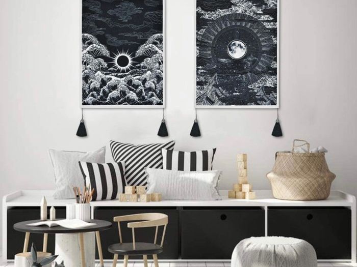 (Pack of 2) Moon and Star Tapestry Ocean Wave Black and White Tapestry Wall Hanging for Room (35 x 50cm)