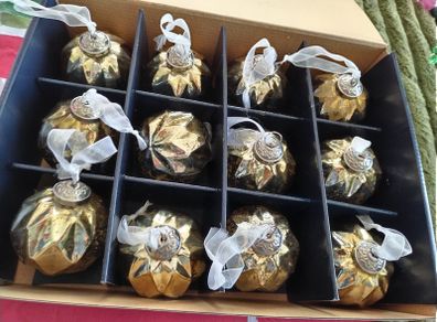 Box of x12 Gold Speckle Geometric Style Glass Christmas Baubles