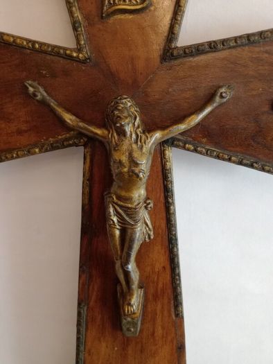 Large French Antique Wood and Brass Crucifix