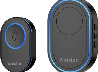 Wireless Doorbell, Waterproof Plug in Doorbell Operating at The Range of 300m with 39 Chimes, 5 Levels Volume Adjust & LED Indicator, Easy Install at Home, Apartment & Warehouse, Black