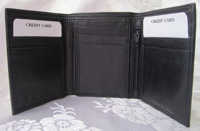 Black Quality Full Leather Trifold Credit Card & Photo Holder Wallet 1104