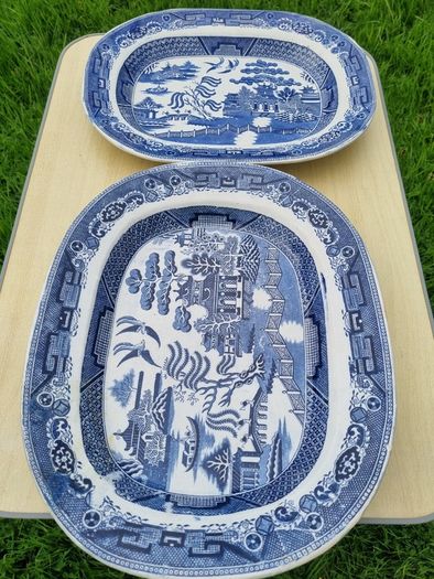 Two large Blue & White Willow Pattern Plates