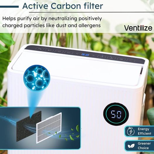 Premium 2-in-1 Dehumidifier 20L with Active Carbon Air Filter Smart LCD Touch Control For Damp Mould & Condensation Continuous Drain Option, Laundry Dry Mode, 24H Timer Energy Efficient by Ventilize