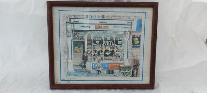 Old advertising shop front picture print ,different brands for sale, in the shop,nice for any home bar or man cave pub restaurant etc,,buyer collects thank you,, rather buyer collects with the glass ,sold as is ,,see pictures for condition