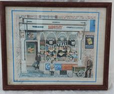 Old advertising shop front picture print ,different brands for sale, in the shop,nice for any home bar or man cave pub restaurant etc,,buyer collects thank you,, rather buyer collects with the glass ,sold as is ,,see pictures for condition