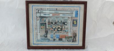 Old advertising shop front picture print ,different brands for sale, in the shop,nice for any home bar or man cave pub restaurant etc,,buyer collects thank you,, rather buyer collects with the glass ,sold as is ,,see pictures for condition