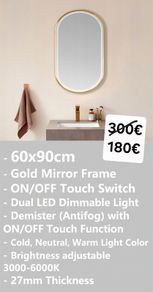 LED Bathroom Mirror Gold Frame Antifog 60x90cm