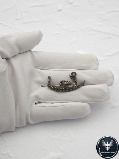 Vintage 925 Sterling Silver & Marcasite Gondola Brooch