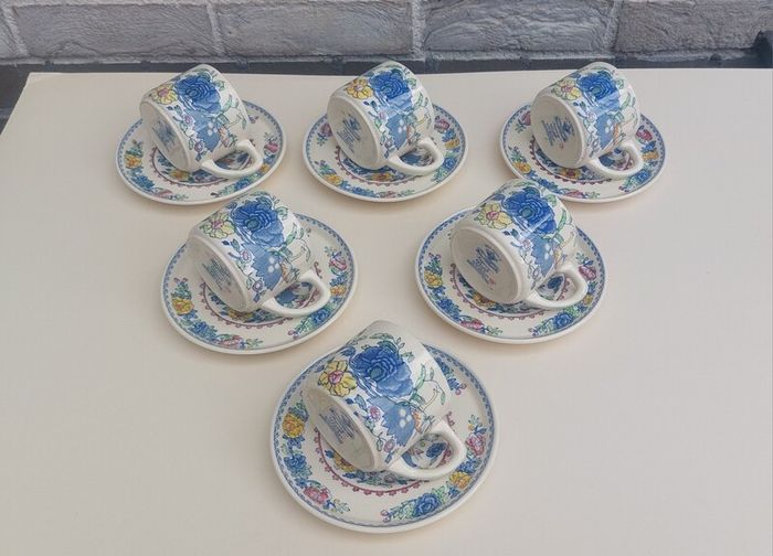 Beautiful and Rare Masons Patent Ironstone Set of Six Straight Sided Coffee/Tea Cup and Saucer Duos in the Regency Pattern, Circa 1950
