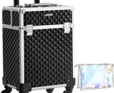 _Professional Makeup Case, Cosmetic Case, Mobile, 4 Wheels, 4 Tray, Telescopic Handle, Travel, Travel, Black