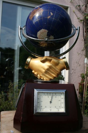 Vintage  Stone  global shape turnable 3 sides with clock, thermometer and hydrometer H 21"