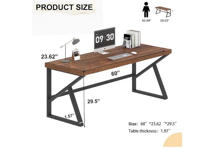 Wood Computer Desk 152cm, Rustic Home Office Desk, Vintage Wooden Study Table, Solid Wood Metal Home Workstation for Writing, Gaming, Work, Brown