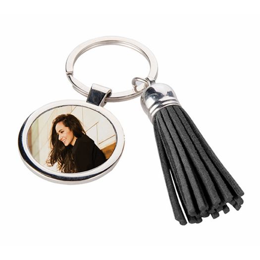 Personalised Round Metal Keyring with PU Tassel - Black