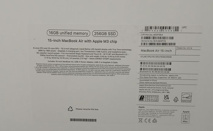 MacBook Air 15,/ M3 2024 (8-CPU 10-GPU)/16GB Ram/256GB SSD Battery health 100%