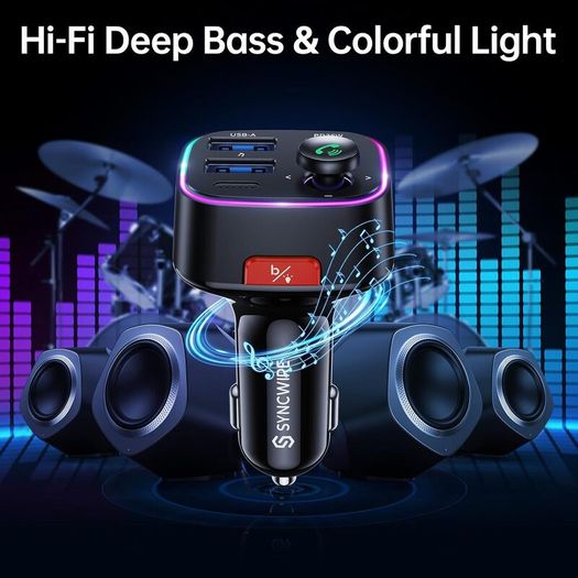 Bluetooth 5.4 FM Transmitter Car Adapter 48W (PD 36W & 12W) [Light Switch] [HiFi Bass Sound] [Fast Charging] Wireless Radio Music Adapter LED Display Hands-Free Calling Support USB Drive