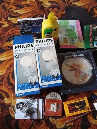 Garage & Household Clearance Job Lot. Vintage Lights, Darts, Clock & Storage Tub