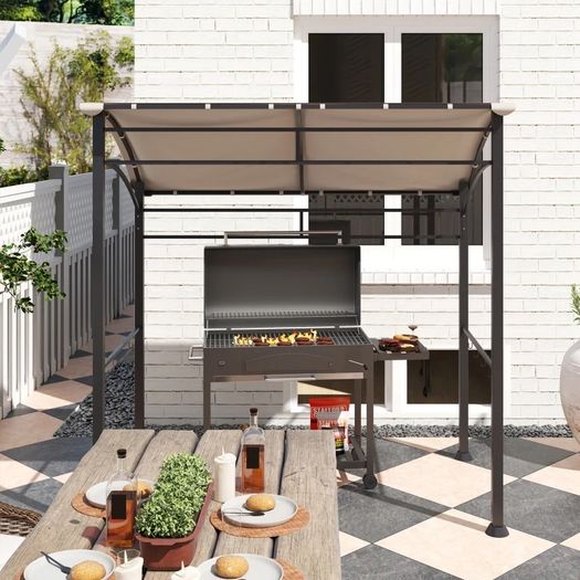 2.2 x 1.5 m BBQ Grill Gazebo Tent, Garden Grill with Metal Frame, Curved Canopy and 10 Hooks, Outdoor Sun Shade, Khaki