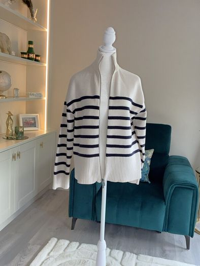 Zara Ladies Beige and Navy Striped Cardigan