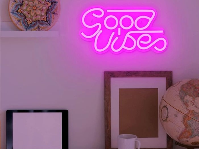 Good Vibes Neon Signs (13" X 7"), Cisteen Led Neon Light Signs with Acrylic Board, Goodvibes Neon Word Light Wall Decor Powered by USB for Bedroom, Makeup Room, Game Room,Bar,Wedding,Party (FREE POSTAGE)
