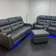 Titan Plus 3+2 Dark Grey Leather Recliner Sofa Set