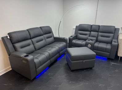 Titan Plus 3+2 Dark Grey Leather Recliner Sofa Set