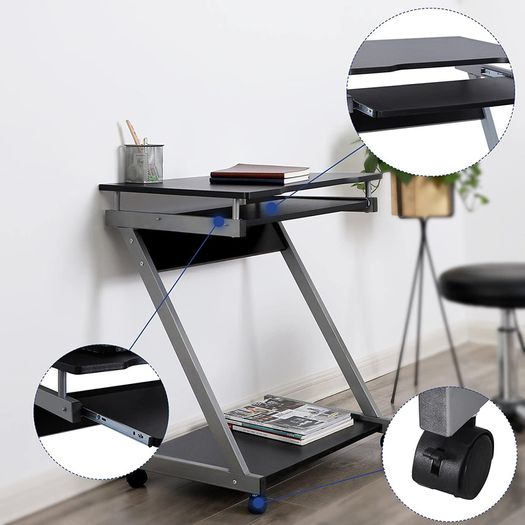 _desk, computer table with 4 castors, 2 of them with brakes, PC table, easy-to-use keyboard pull-out, easy assembly, space-saving PC table in Z-shape, black