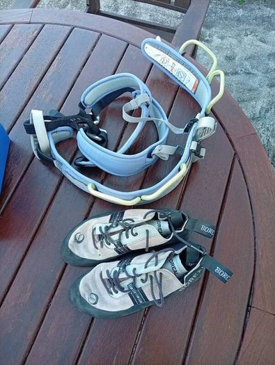 climbing harness and shoes