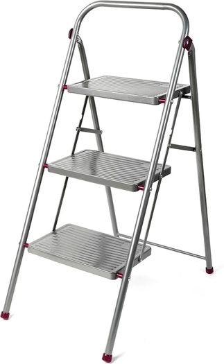 3 Folding Stepladder Large Step Stool with Non-Slip Feet, Collapsible for Compact Storage, Strong Steel Structure, Safety Clip, 150kg Weight Capacity, 105cm High, Pink/Grey