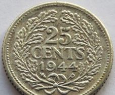 Dutch Silver 25 Cents Netherlands 1944 WW2
