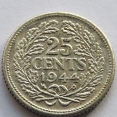 Dutch Silver 25 Cents Netherlands 1944 WW2