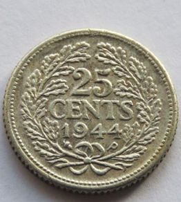 Dutch Silver 25 Cents Netherlands 1944 WW2
