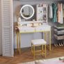 Dressing Table Set, with height adjustable mirror for 120by180 cm, LED Lights with Adjustable Brightness, Vanity Table with stool, 2 fabric Drawers and 4 Open Compartments, 80by40by136cm, White+Gold Image 7
