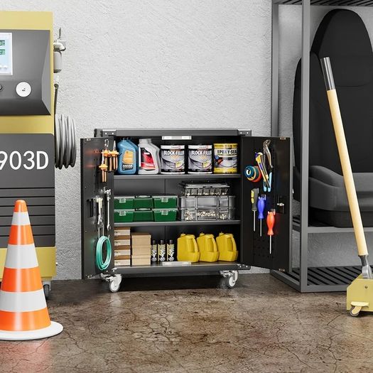 Metal Storage Cabinet with Wheels, Rolling Storage Cabinet with 2 Doors and Adjustable Shelves, Pegboard and 4 Hooks, Suitable for Garage, Home, Office, School, Black