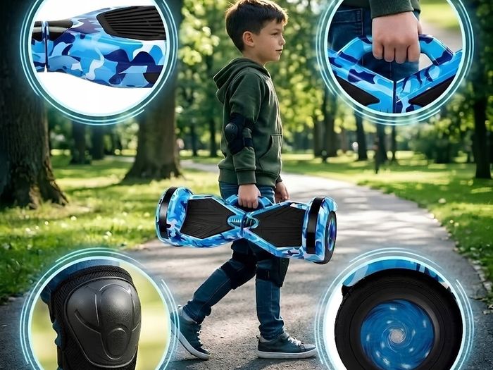 8" Camo Blue Hoverboard with Bluetooth, 6 LED Lights & Free Protective Pads