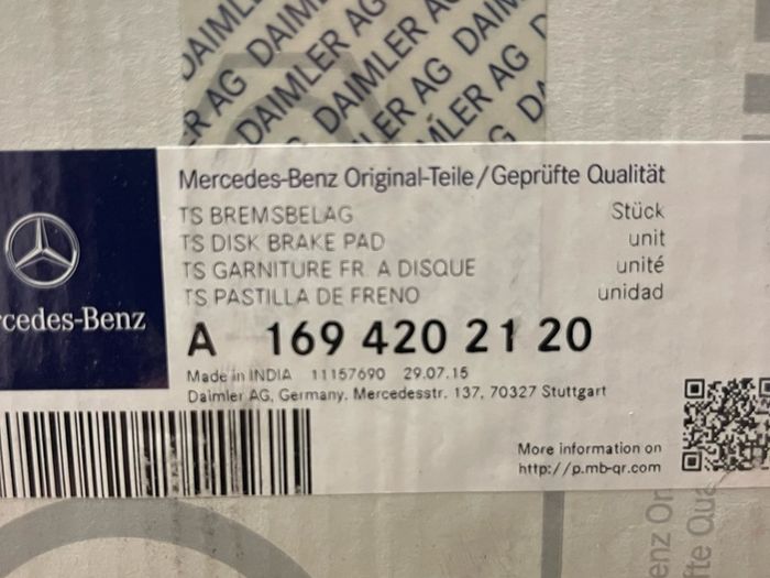 Mercedes-Benz W169 A-Class Front Brake Pads Genuine A1694202120