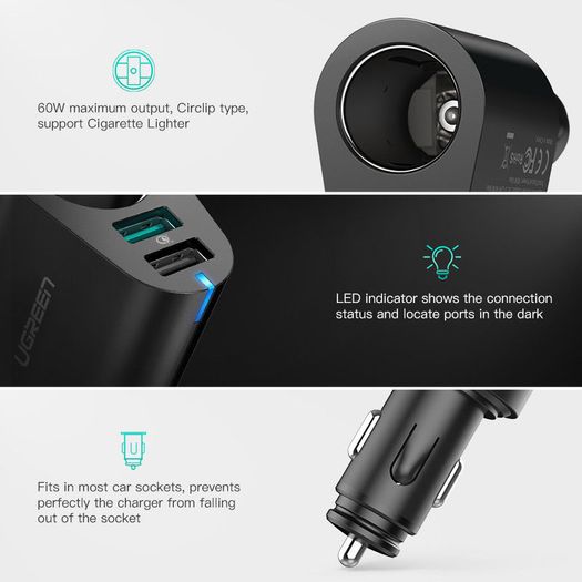 Ugreen QC 3.0 Car Quick Charger Adapter Car Cigarette Lighter Splitter 60W Dual USB (Brand New/Warranty)