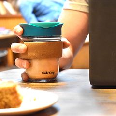 SoleCup Reusable Glass Travel Mug with Cork Band and Lid - Blue